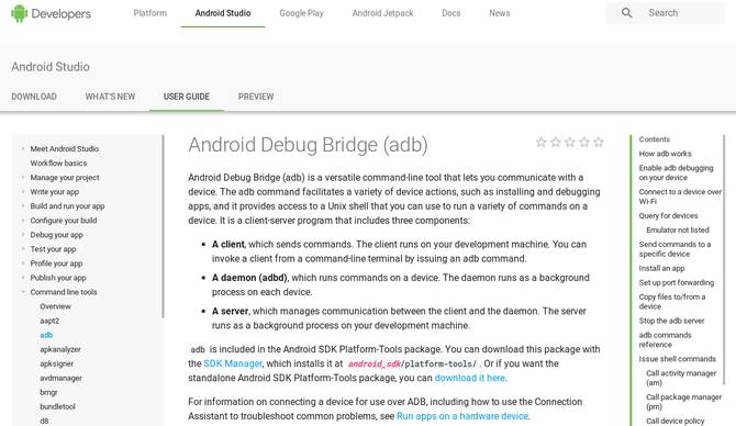 Android Developers webside der beskriver ADB