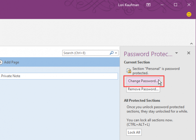 Klik på Skift adgangskode i OneNote 2016