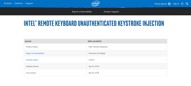 Skærmbillede af Intel Remote Keyboard-sårbarhedsoplysninger