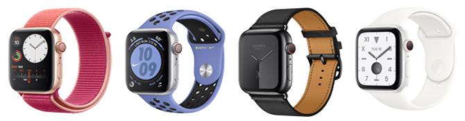 Et foto af de forskellige Apple Watch Series 5-finish