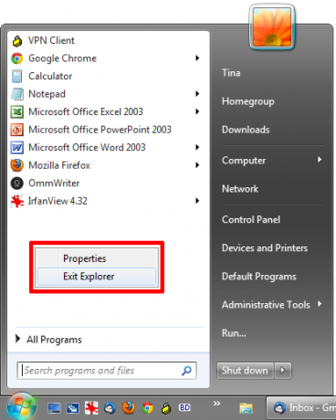 Windows Start-menu Afslut Explorer-menuen