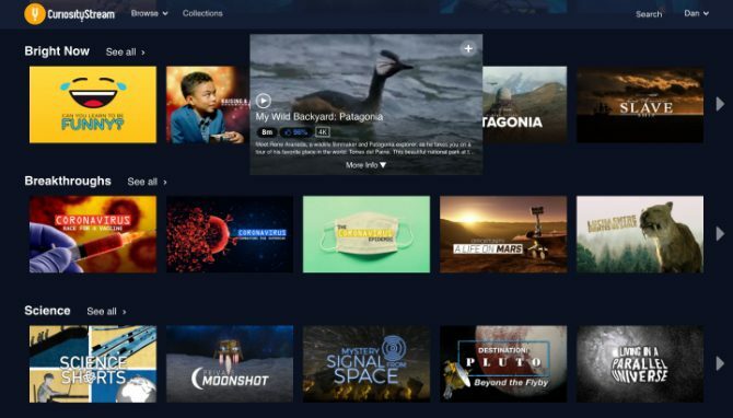 CuriosityStream-startskærmbillede, der viser udvalg af shows, der skal vises