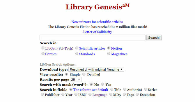 Denne skærmoptagelse viser den gratis e-bog-forhandler Library Genesis hovedmenu