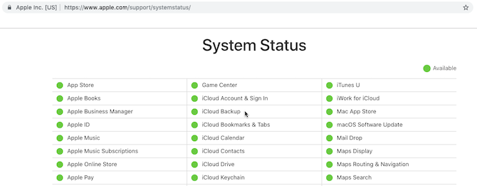 Apple System Status webside