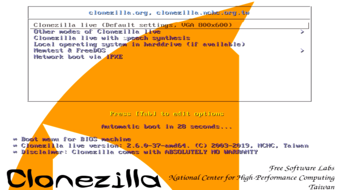 menuen indstillinger for clonezilla