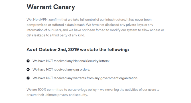 Hvad er en Warrant Canary? Hvad du skal vide, og hvorfor du skal passe på WarrantCanary Eksempel NordVPN