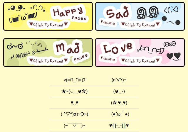 Emojis-Tekst-ansigter-Emoticons-Kawaii-ansigter