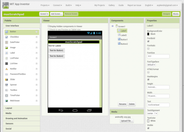 android oprette app appinventor screen1 labelconfig