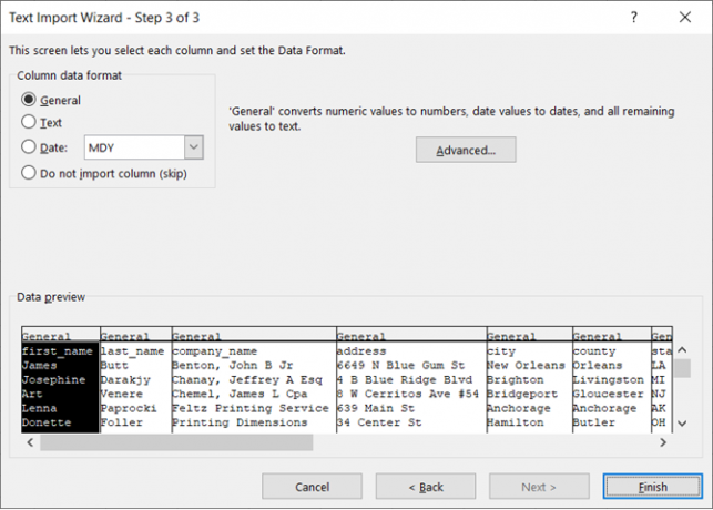 Kolonnedataformat i Excel's tekstimportguide