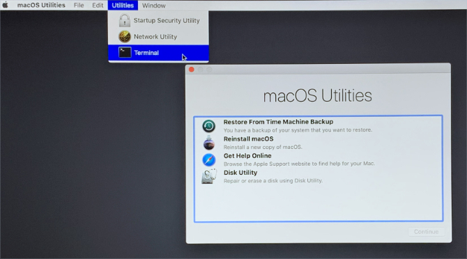 macOS gendannelsestilstand, der viser terminal i menulinjen
