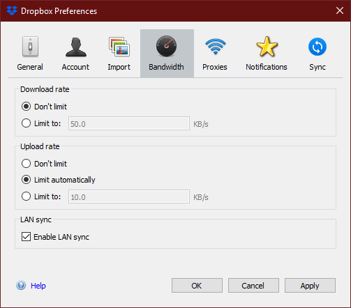 Dropbox-begrænsning båndbredde