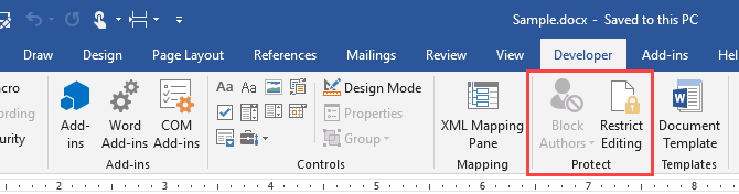 Beskyt afsnittet på fanen Udvikler i Microsoft Word