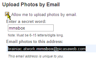 Send dine fotos til dit Picasa webalbum med en e-mail tillad upload