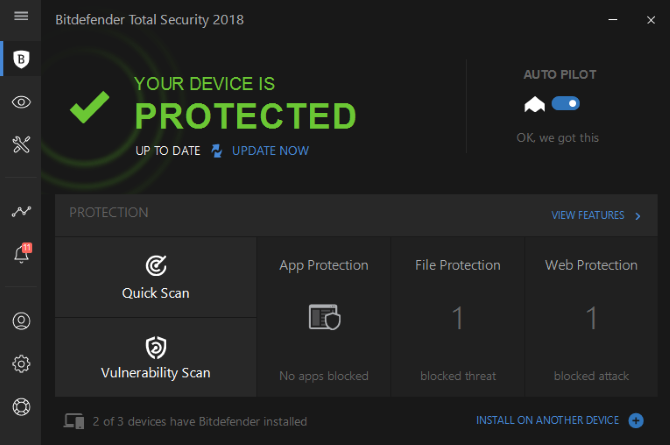 Bitdefender 2018's hovedskærm