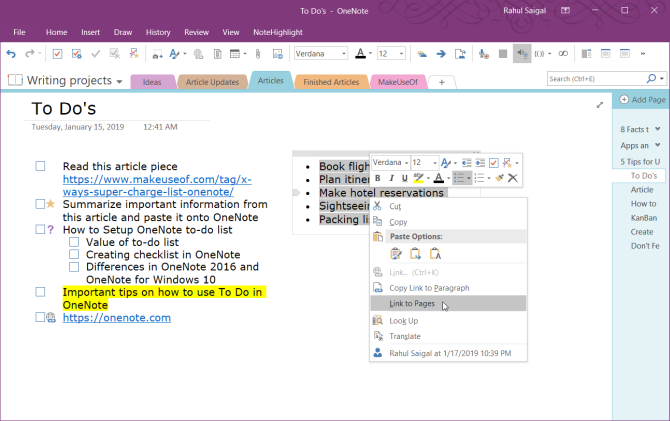 link til sider i OneNote 2016